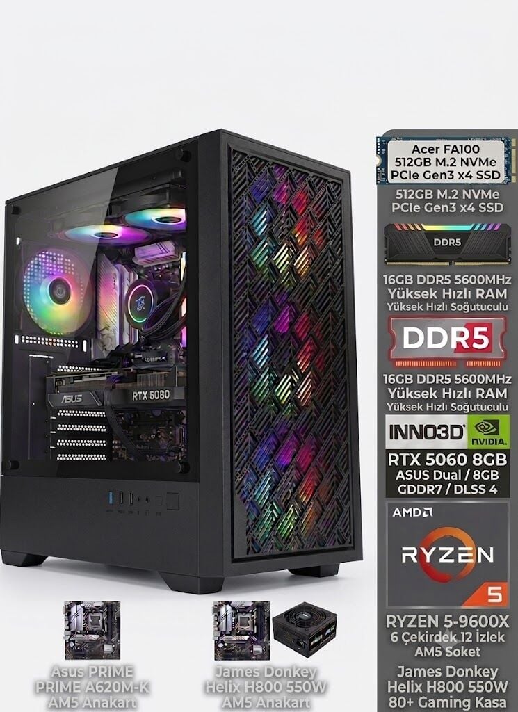 Maksimum Sistem | Ryzen 5 9600X | RTX 5060 8GB | DDR5 Gaming PC 