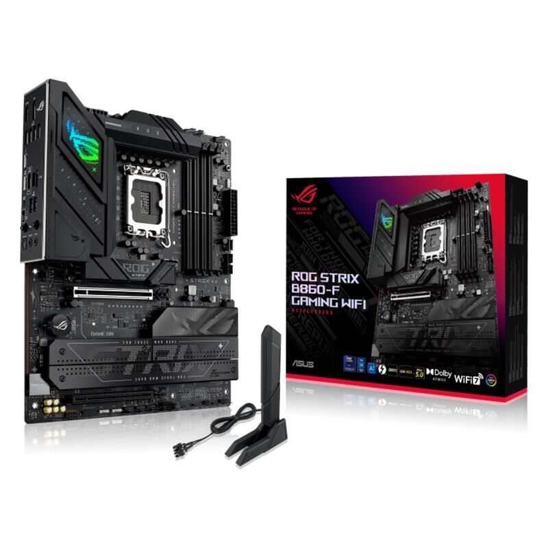 ASUS ROG STRIX B860‑F GAMING WIFI Intel Core Ultra (Series 2) Destekli 4 × DDR5‑9066 MT/s (OC) 4 × M.2 Slot, 1 × PCIe 5.0, 1 × PCIe 4.0, Thunderbolt 4 TYPE‑C, HDMI 2.1, DisplayPort 1.4, 2.5 G LAN, Wi‑Fi 7, BT 5.4 ATX Anakart