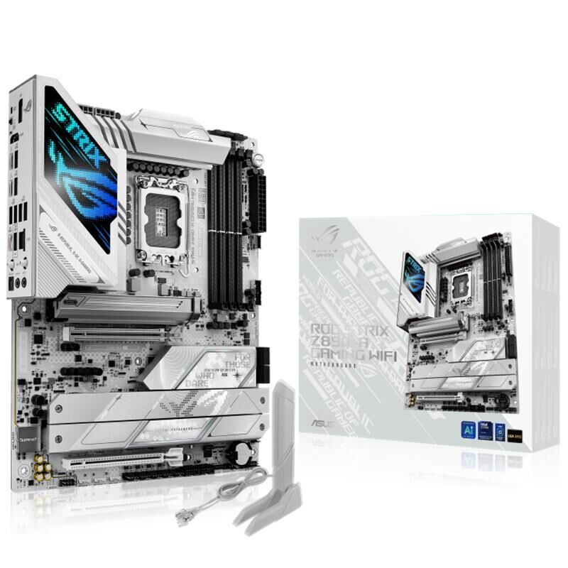 ASUS ROG STRIX Z890‑A GAMING WiFi Intel Z890 LGA 1851 ATX DDR5 9066+ MT/s 4×DIMM Max 192 GB 5×M.2 1×HDMI 1×DisplayPort 2×Thunderbolt 4 USB Type‑C Wi‑Fi 7 2.5G LAN Polymo Lighting AI OC AI Cooling II AI Networking II Beyaz PCB