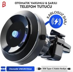 Enkado Otomatik Vakumlu Akıllı Sensörlü Kablosuz Hızlı Şarjlı Araç İçi Telefon Tutucu - Siyah