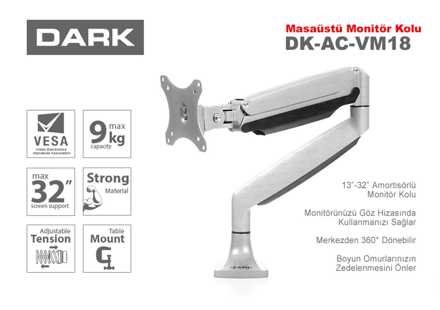 Dark DK-AC-VM18 1x13″–32″ Monitör Destekli Amortisörlü Masa Monte LCD Monitör ve TV Kolu