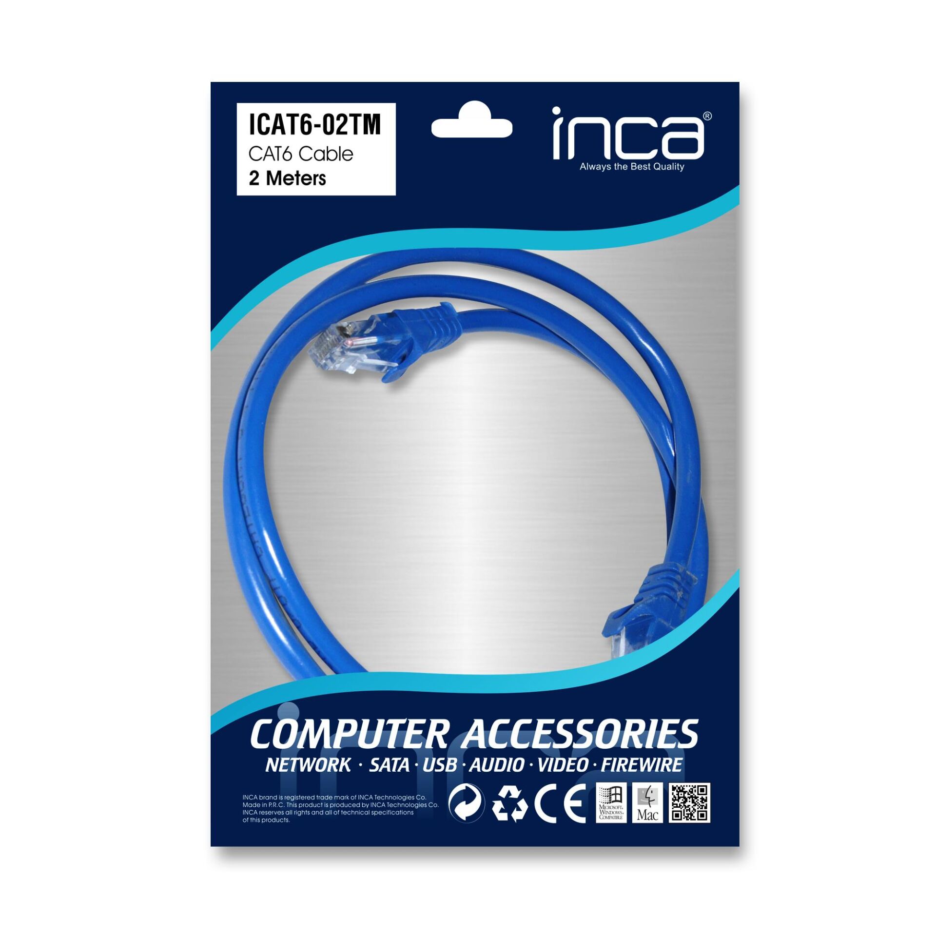INCA ICAT6‑02TM 2 Metre Cat6 UTP RJ45 Patch Kablosu Mavi