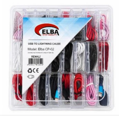 Elba CP-02 Şeffaf Kutulu USB to Lightning Renkli (Kırmızı/Beyaz/Pembe/Siyah/Lacivert) 24’lü Şarj ve Veri Kablosu Seti