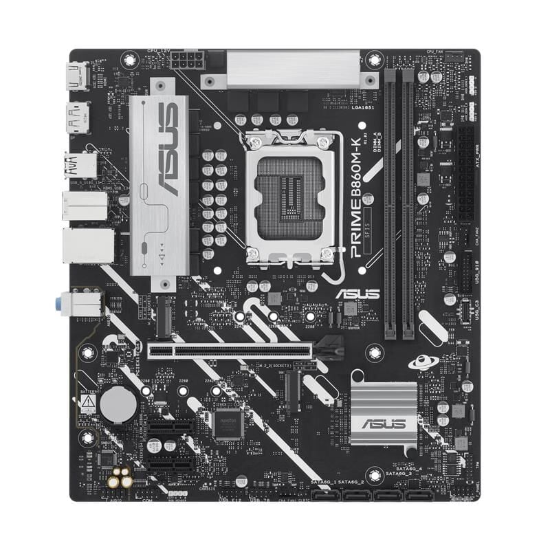 ASUS PRIME B860M-K Intel B860 DDR5 8800MT/s (OC) 2x DIMM 128 GB DDR5 Micro‑ATX Anakart LGA 1851 Intel Core Ultra Processors (Series 2) 1x HDMI 1x DisplayPort 2x M.2 (PCIe 5.0 x4 + PCIe 4.0 x4) USB 3.2 Gen 2 USB C 2.5 Gb LAN