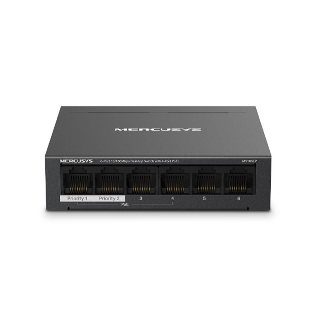 TP-Link Mercusys MS106LP 6‑Port 10/100 Mbps (4× PoE+ & 2× Uplink) Metal Kasa PoE+ Switch – 40 W PoE Bütçesi, Extend Mode ile 250 m’ye Kadar