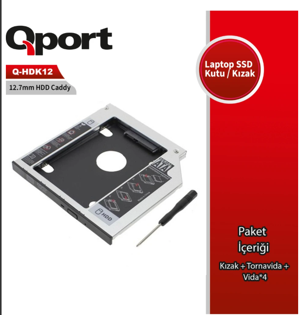 Qport Q-HDK12 2.5” HDD/SSD Uyumlu 12.7mm Laptop Optik Sürücü (DVD) Kızak Çevirici Caddy