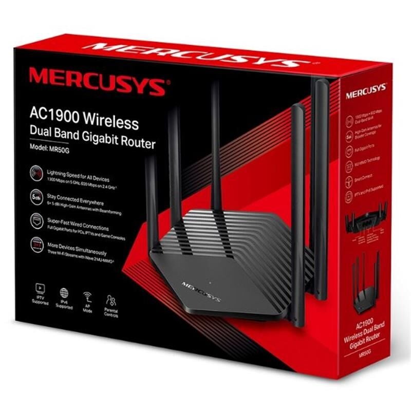 TP‑LINK Mercusys MR50G AC1900 802.11ac 6‑antenli 16‑dbi Beamforming 3×3 MU‑MIMO 1900 Mbps (600+1300 Mbps) Dual‑Band Kablosuz Wi‑Fi Router, 1×Gigabit WAN + 2×Gigabit LAN Siyah