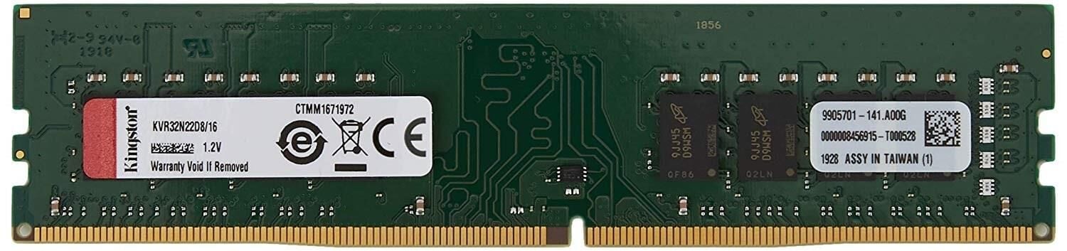 Kingston ValueRAM KVR32N22D8/16 16 GB DDR4‑3200 MT/s CL22 2Rx8 288‑pin UDIMM 1.2 V Non‑ECC Masaüstü RAM Bellek Modülü