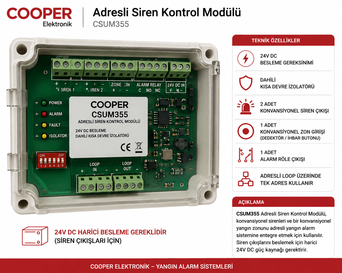 COOPER Elektronik Adresl Siren Kontrol Modülü, 24V besleme Gereksinimi, Dahili