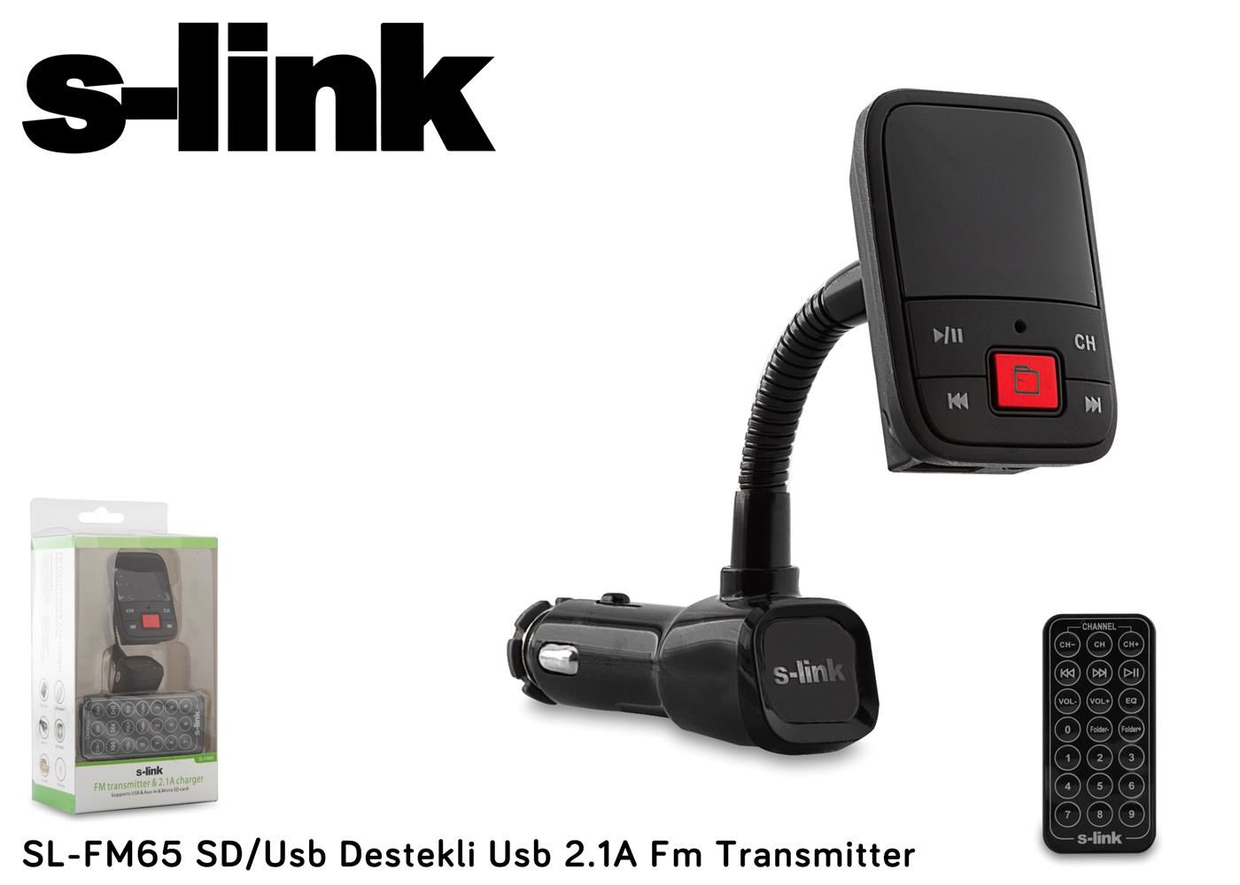 S-Link SL-FM65 Hafızasız MP3 Transmitter 2.1A USB Şarj Portlu, USB & Micro SD Destekli, Kumandalı