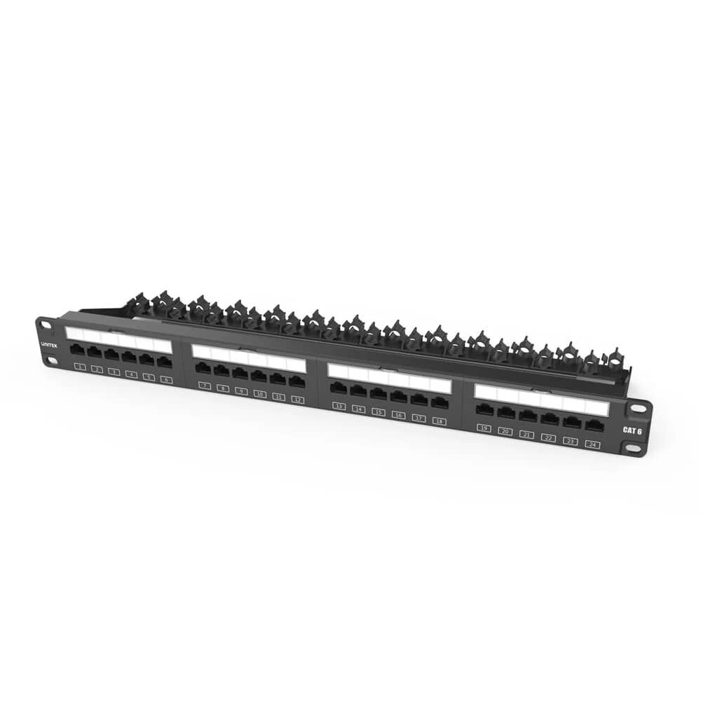 UNITEK CAT6 UTP 24 Port RJ45 Patch Panel T003A – 24‑port Gigabit Ethernet, Altın Kaplama 15 µ, Rack‑Wall Mount Uyumlu, Cat 5/5e Destekli Siyah