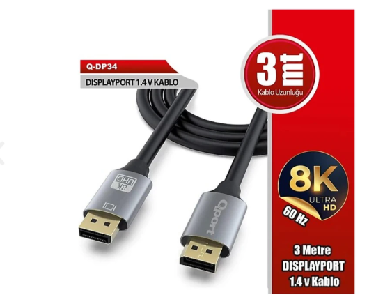 Qport Q-DP34 DisplayPort 1.4 3m 4K 60Hz Yüksek Hızlı Görüntü Kablosu