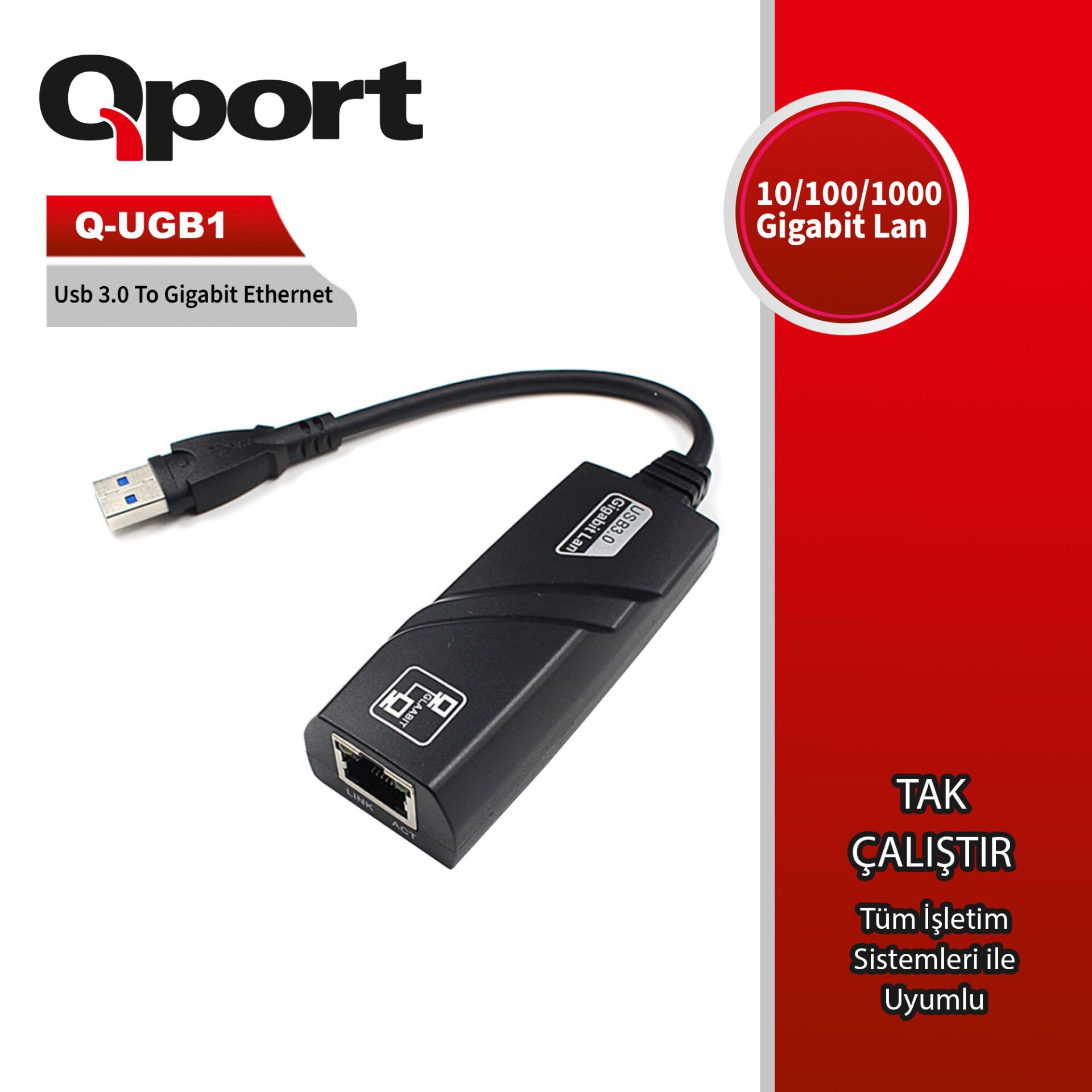 QPORT Q-UGB1 USB 3.0 – 10/100/1000 Mbps RJ-45 Gigabit Ethernet Dönüştürücü