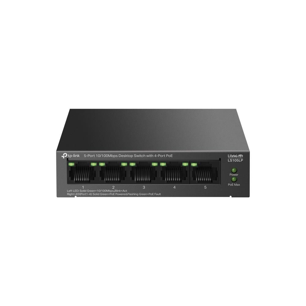 TP‑Link LS105LP 5‑Port 10/100 Mbps Unmanaged PoE+ Switch – 4× PoE+ (15.4 W/port, toplam 41 W), Extend Mode 250 m, Metal Kasa, Masaüstü/Duvara Montaj