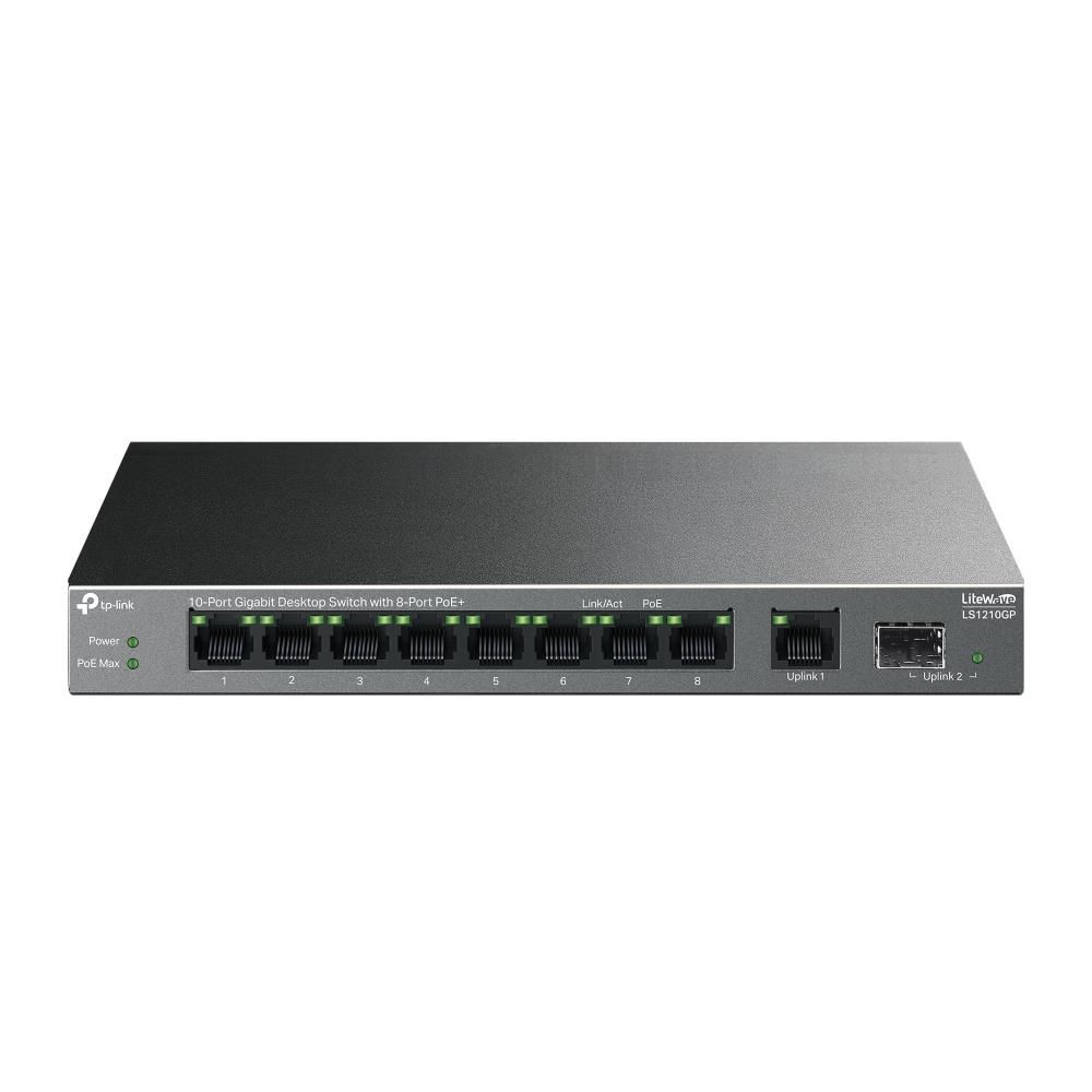 TP‑Link LS1210GP 10‑Port Gigabit (8× PoE+ 802.3af/at, 30 W/port, toplam 61 W) + 1× Gigabit SFP Metal Kasa Fanless Masaüstü/Duvar Montajlı Switch