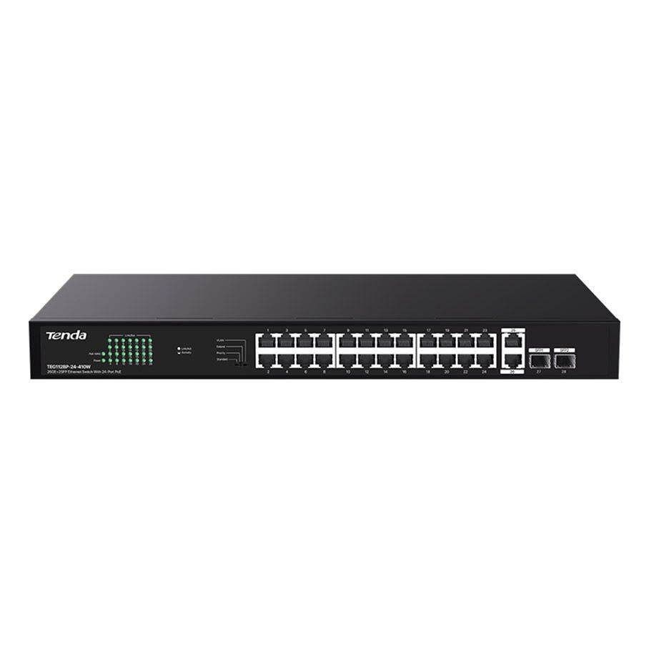 Tenda TEG1128P-24-410W 24 Port Gigabit Ethernet PoE+ (410W) + 2 Port Gigabit Uplink + 2 Port SFP L2 Yönetilemez Switch