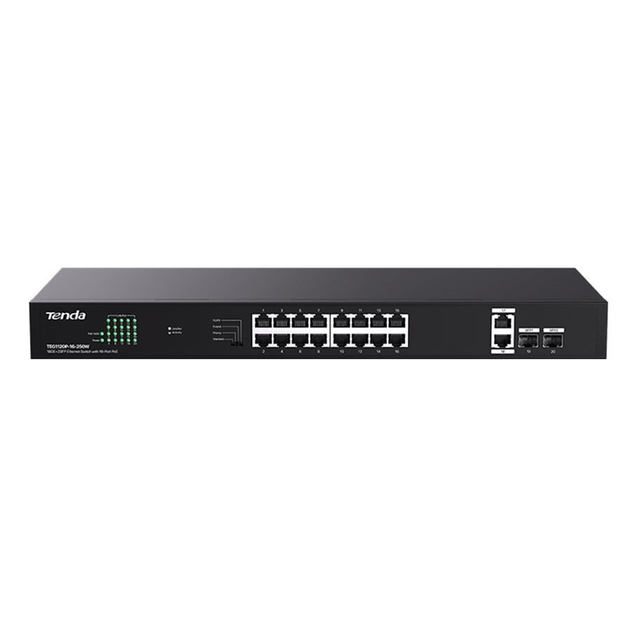 Tenda TEG1120P-16-250W 16 Port Gigabit PoE+ 2 Port RJ45 Uplink 2 Port SFP 250W Rackmount Switch