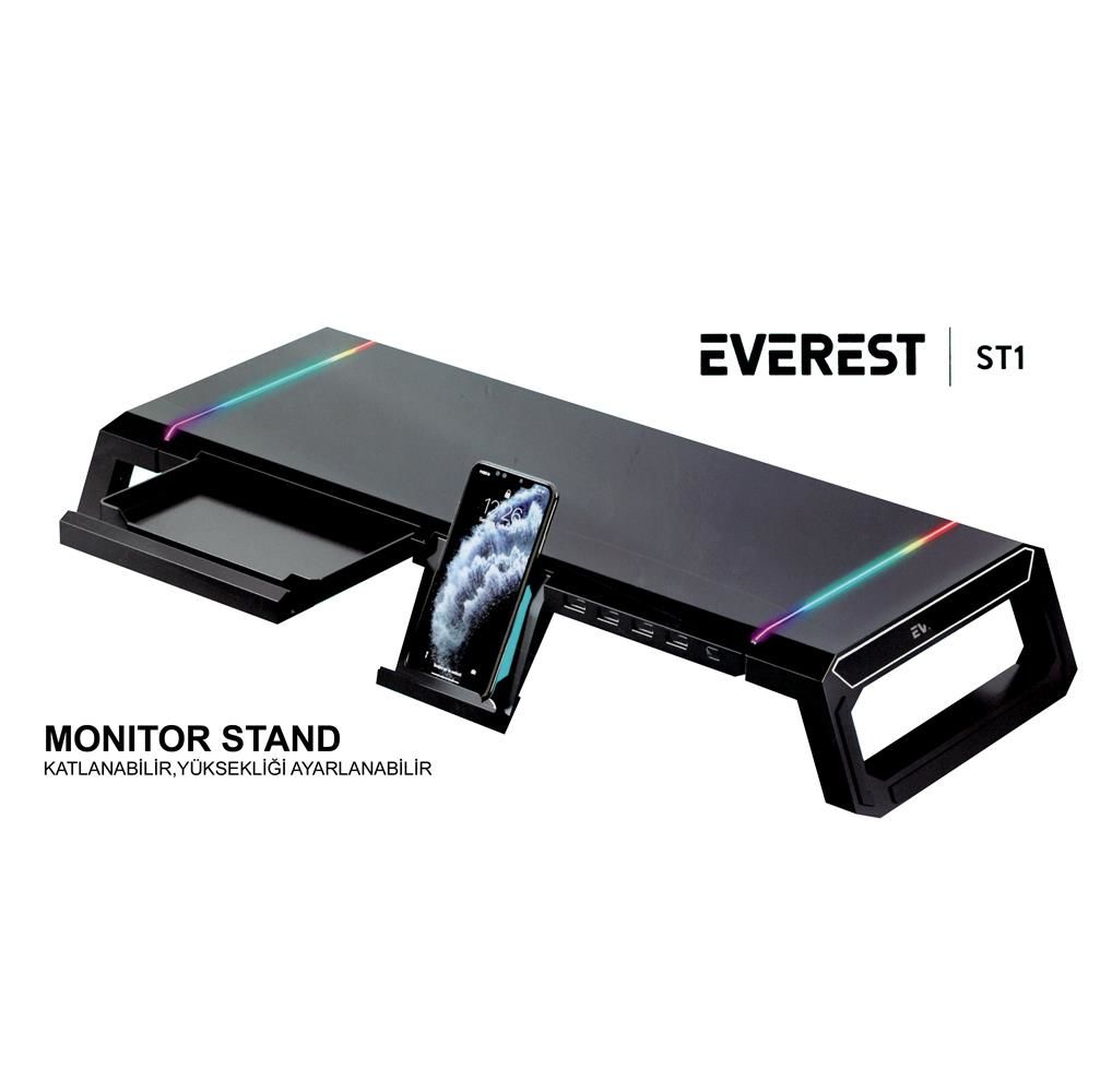 Everest ST1 4 USB Hub RGB Işıklı Katlanabilir Siyah Monitör Standı – 25 kg Kapasiteli, 550×200×75 mm