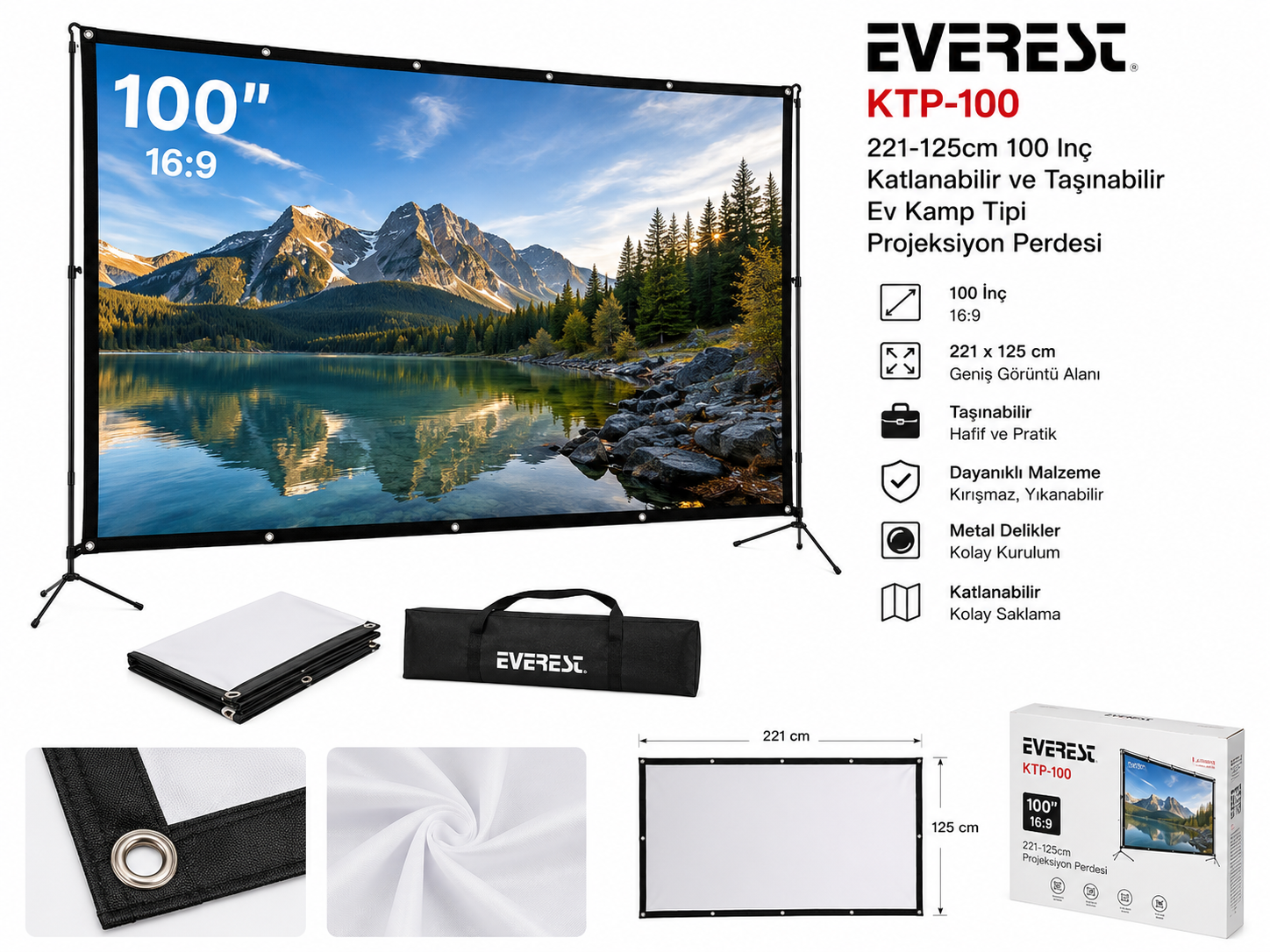 Everest KTP-100 221-125cm 100 Inç Katlanabilir Ve Taşınabilir Ev Kamp Tıpı Projeksiyon Perdesi