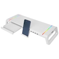 Everest ST1 4 USB Hub RGB Işıklı Katlanabilir Beyaz Monitör Standı – 25 kg Kapasiteli, 550×200×75 mm