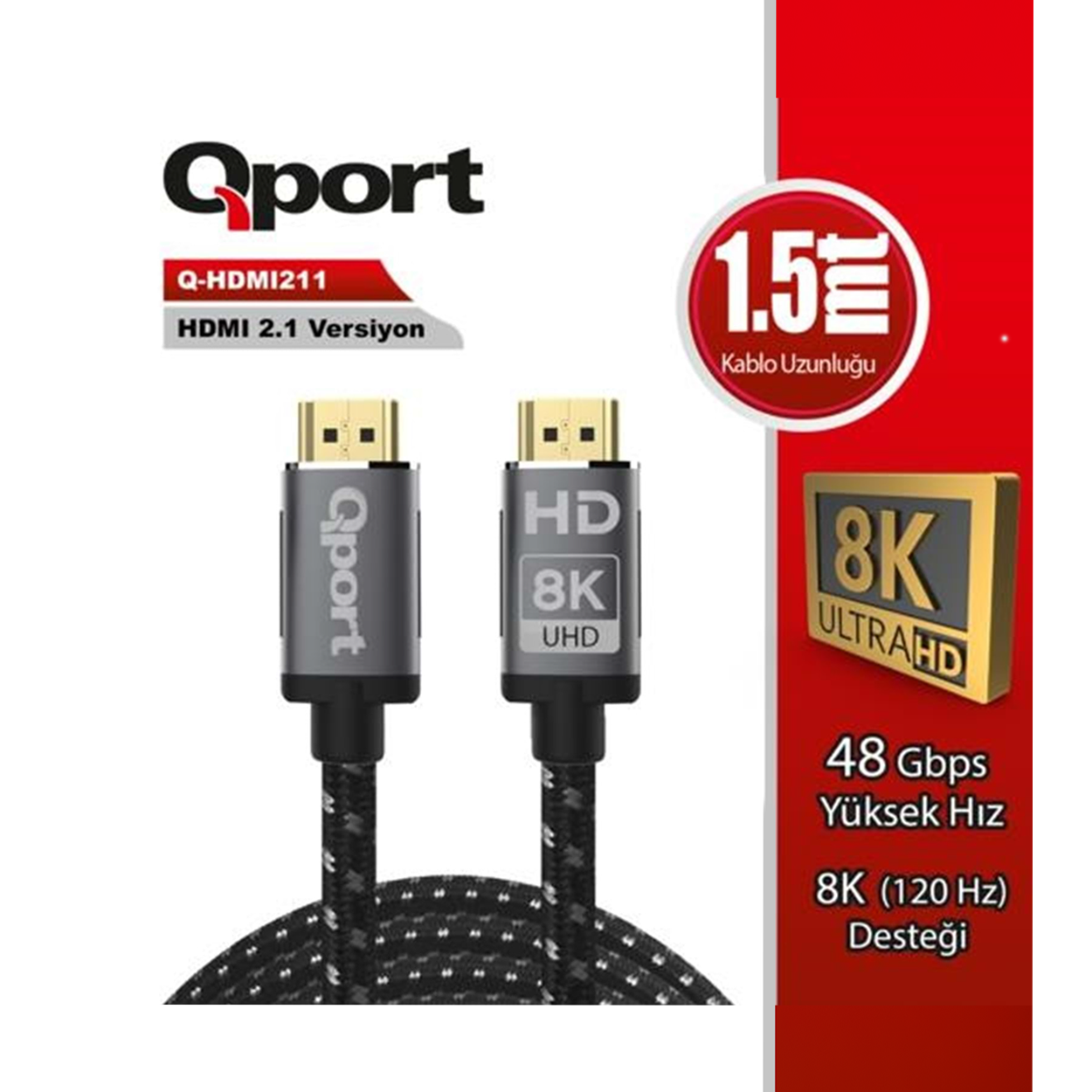 Qport Q-HDMI2110 10 Metre HDMI 2.1v 8K 60Hz Altın Uçlu Örgülü Görüntü ve Ses Kablosu