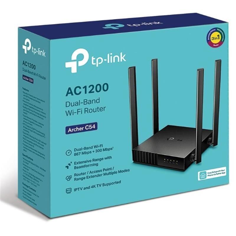 TP‑LINK Archer C54 AC1200 Dual Band Kablosuz Wi‑Fi 5 Router – 867 Mbps 5 GHz + 300 Mbps 2.4 GHz, 4× Sabit Anten, MU‑MIMO, WPA3, 1× WAN & 4× LAN (10/100 Mbps), Erişim Noktası ve Menzil Genişletici Modları, IPv6, Siyah