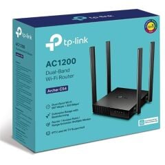 TP‑LINK Archer C54 AC1200 Dual Band Kablosuz Wi‑Fi 5 Router – 867 Mbps 5 GHz + 300 Mbps 2.4 GHz, 4× Sabit Anten, MU‑MIMO, WPA3, 1× WAN & 4× LAN (10/100 Mbps), Erişim Noktası ve Menzil Genişletici Modları, IPv6, Siyah