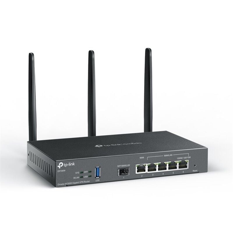TP‑LINK OMADA ER706W AX3000 Dual‑Band WiFi 6 2402 Mbps 5 GHz + 574 Mbps 2.4 GHz 1× Gigabit SFP WAN/LAN, 1× Gigabit RJ45 WAN, 4× Gigabit RJ45 WAN/LAN & 1× USB 3.0 LTE Backup VPN Router