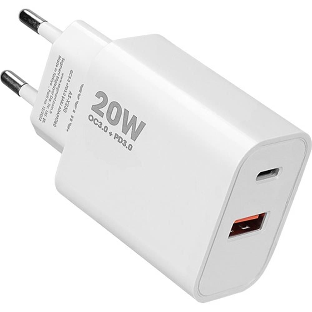 Asonic AS-X230 20W PD 3.0 & QC 3.0 Dual Port USB-C + USB-A Hızlı Ev Şarj Adaptörü - Beyaz