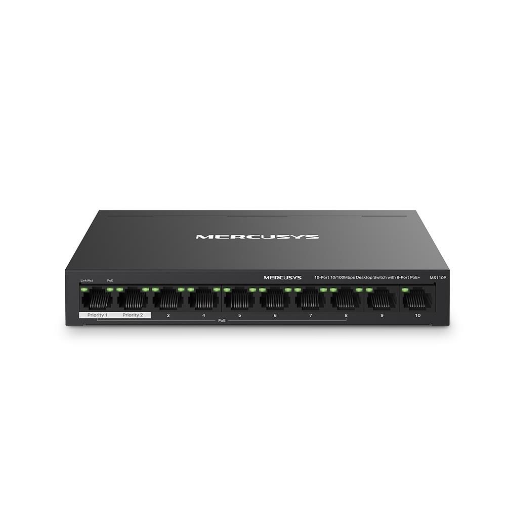 Tp‑Link Mercusys MS110P 10 Port 10/100 Mbps Desktop Switch (8× PoE+ 30 W Port, Toplam 65 W PoE Bütçesi, 2× Uplink Port) Metal Kasa Uzun Menzil (250 m) Isolation Mode