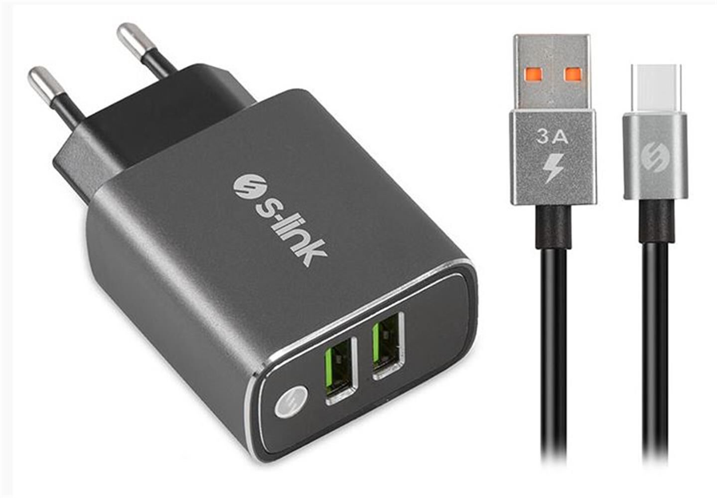 S-link SW-EHT36M 2 USB 3.1A Metal Ev Şarj Cihazı ve Type-C Data + Şarj Kablosu