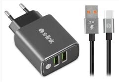 S-link SW-EHT36M 2 USB, 3.1A Metal Ev Sarj Cihazı ve Type-C Data + Sarj Kablosu