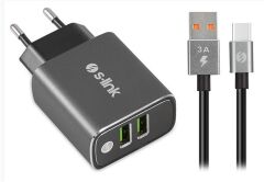 S-link SW-EHT36M 2 USB 3.1A Metal Ev Şarj Cihazı ve Type-C Data + Şarj Kablosu