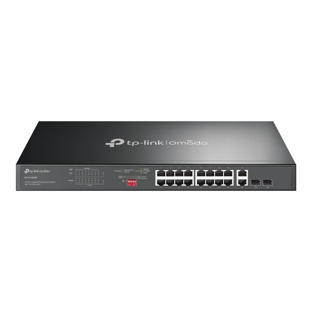 TP-Link Omada DS1018GMP 16‑Port 10/100/1000 Mbps PoE+ (IEEE 802.3af/at) Switch + 2× Combo Gigabit SFP, 250 W PoE Bütçesi, Metal Rack-Mount Kasa