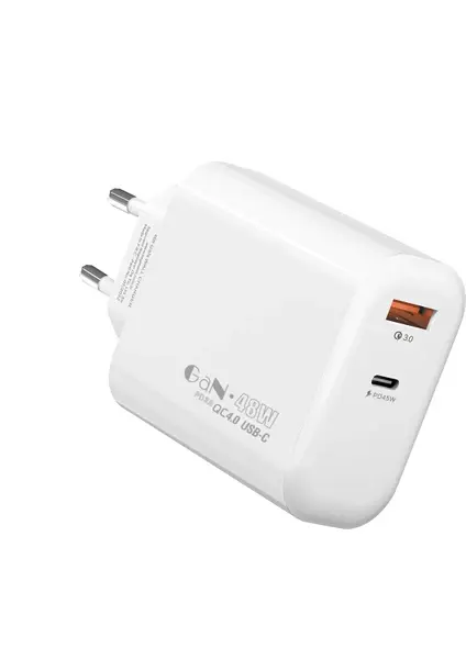 S-link SL-EC68 45W GaN Teknolojili Dual Port (USB-C PD 30W + USB-A QC 18W) Hızlı Şarj Adaptörü - Beyaz