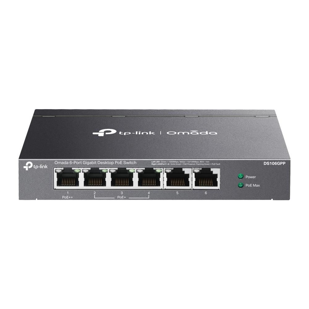TP‑Link Omada DS106GPP 6‑Port 10/100/1000 Mbps Metal Kasa PoE+ & PoE++ Switch (1×60 W PoE++, 3×30 W PoE+, 2×Uplink)