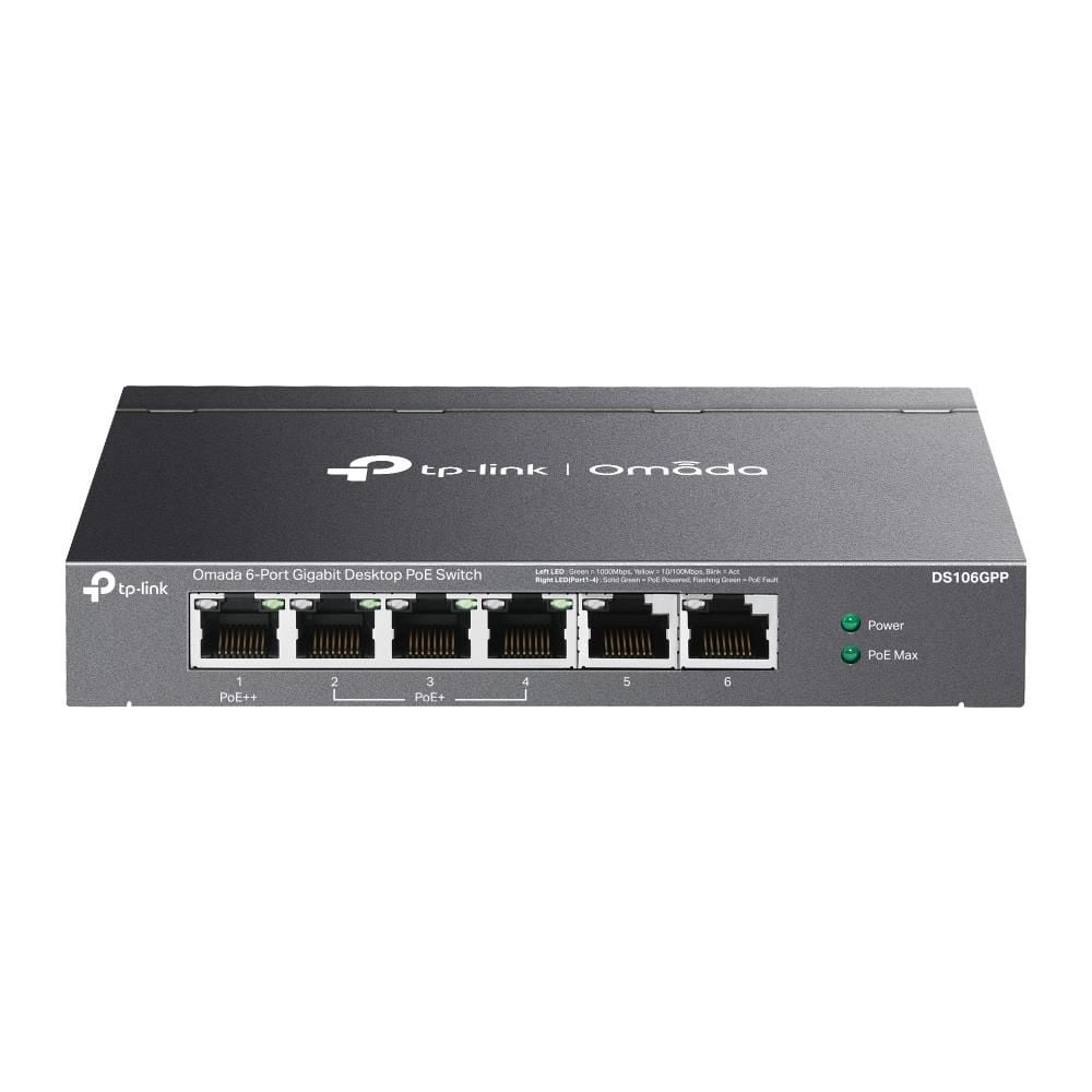 TP‑Link Omada DS106GPP 6‑Port 10/100/1000 Mbps Metal Kasa PoE+ & PoE++ Switch (1×60 W PoE++, 3×30 W PoE+, 2×Uplink)