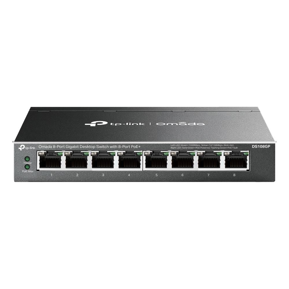 TP‑Link Omada DS108GP 8 Port 10/100/1000 Mbps Gigabit PoE+ Switch – 8×802.3af/at PoE+ Port, 65 W Toplam PoE Bütçesi, Çelik Kasa, Rack/Desktop Montaj