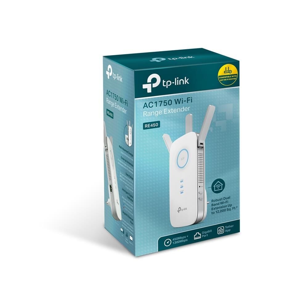 TP‑LINK RE450 AC1750 Dual‑Band Wi‑Fi 5 Kablosuz Menzil Genişletici 450 Mbps (2.4 GHz) + 1300 Mbps (5 GHz) 1× Gigabit Ethernet 3 Harici Anten EasyMesh Desteği Beyaz