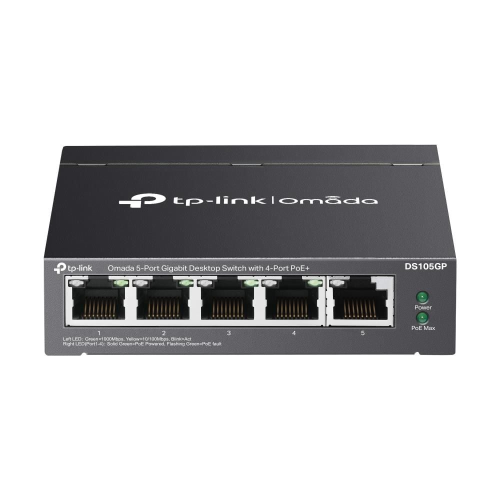 TP‑Link Omada DS105GP 5 Port 10/100/1000 Mbps Gigabit Unmanaged PoE+ Switch (4× PoE+/65 W toplam, metal fan‑sessiz kasa, masaüstü/rack‑mount)