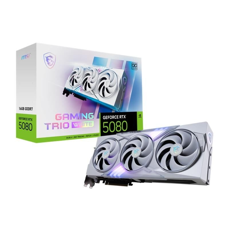 MSI GeForce RTX 5080 16G GAMING TRIO OC White 16GB GDDR7 256‑Bit PCIe 5.0 Triple‑Fan RGB Ekran Kartı – 1×HDMI 2.1b & 3×DisplayPort 2.1 (Extreme Boost ~2715 MHz)
