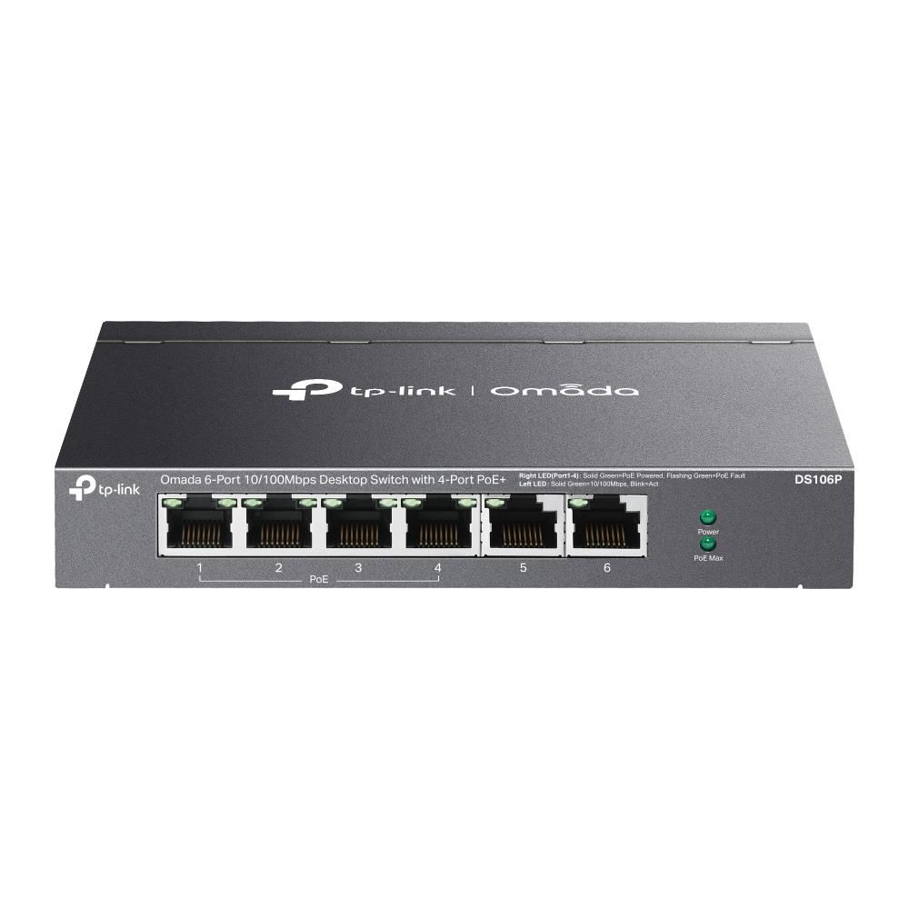 TP‑Link Omada DS106P 4 Port 10/100 Mbps PoE+ + 2 Port 10/100 Mbps Uplink Çelik Kasa Rack‑Mount Switch (Toplam 6 Port, 67 W PoE Bütçe)
