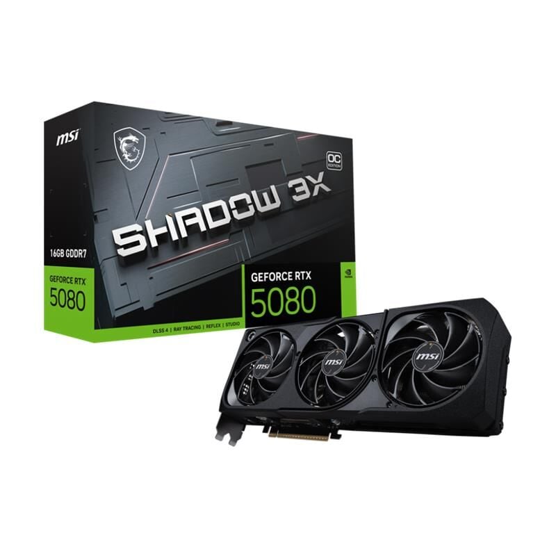 MSI GeForce RTX 5080 16G SHADOW 3X OC NVIDIA GeForce RTX 5080 16GB GDDR7 256‑bit PCIe 5.0 Triple‑Fan 1×HDMI™2.1b 3×DisplayPort 2.1b Kart