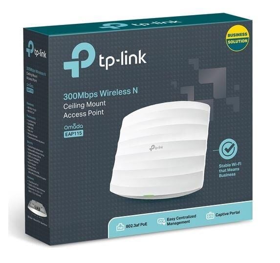 TP‑LINK Omada EAP115 IEEE 802.11n 2.4 GHz Tavan/Wall‑Mount 300 Mbps Access Point 1× 10/100 Mbps Port 2× 4 dBi Anten PoE