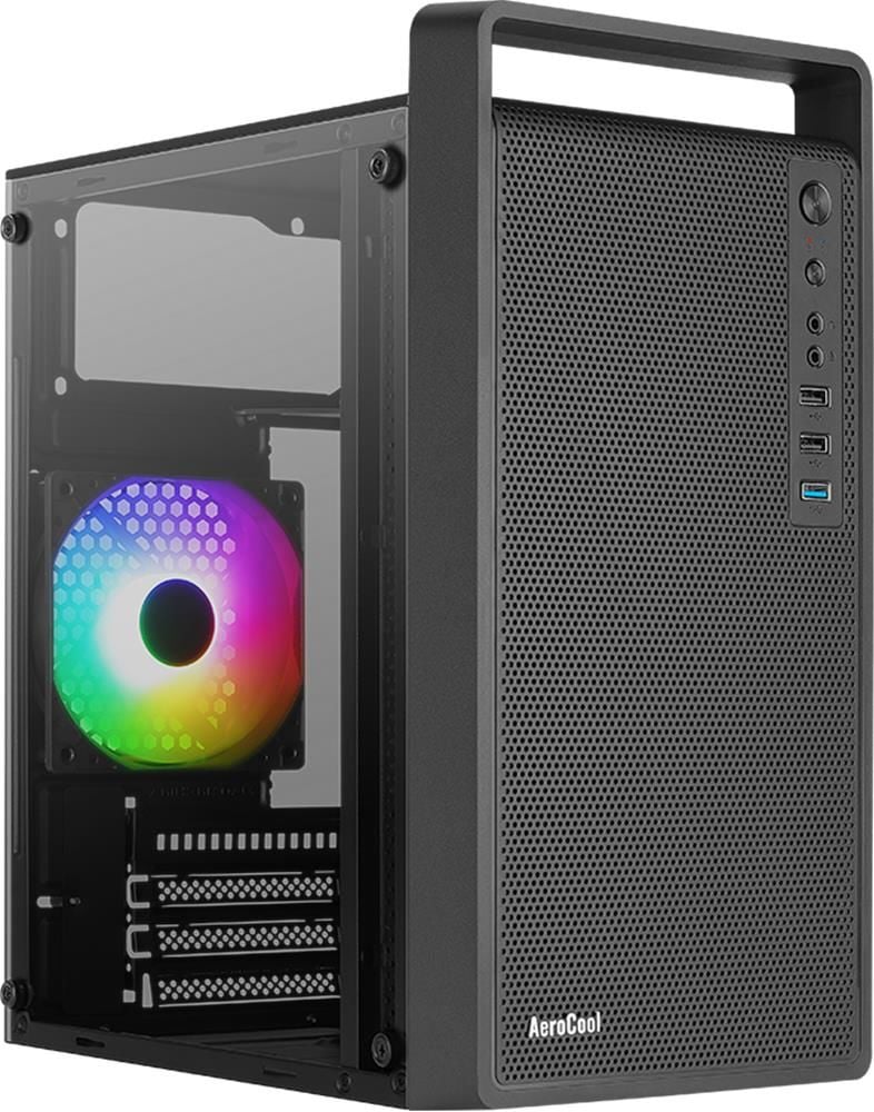 Aerocool CS‑109‑G‑BK‑V1 AE‑CS109G600 600W FRGB 1×120 mm Fanlı Mesh Ön Panel USB 3.0 x 1 + USB 2.0 x 2 Micro‑ATX / Mini‑ITX Mini Tower Siyah Kasa