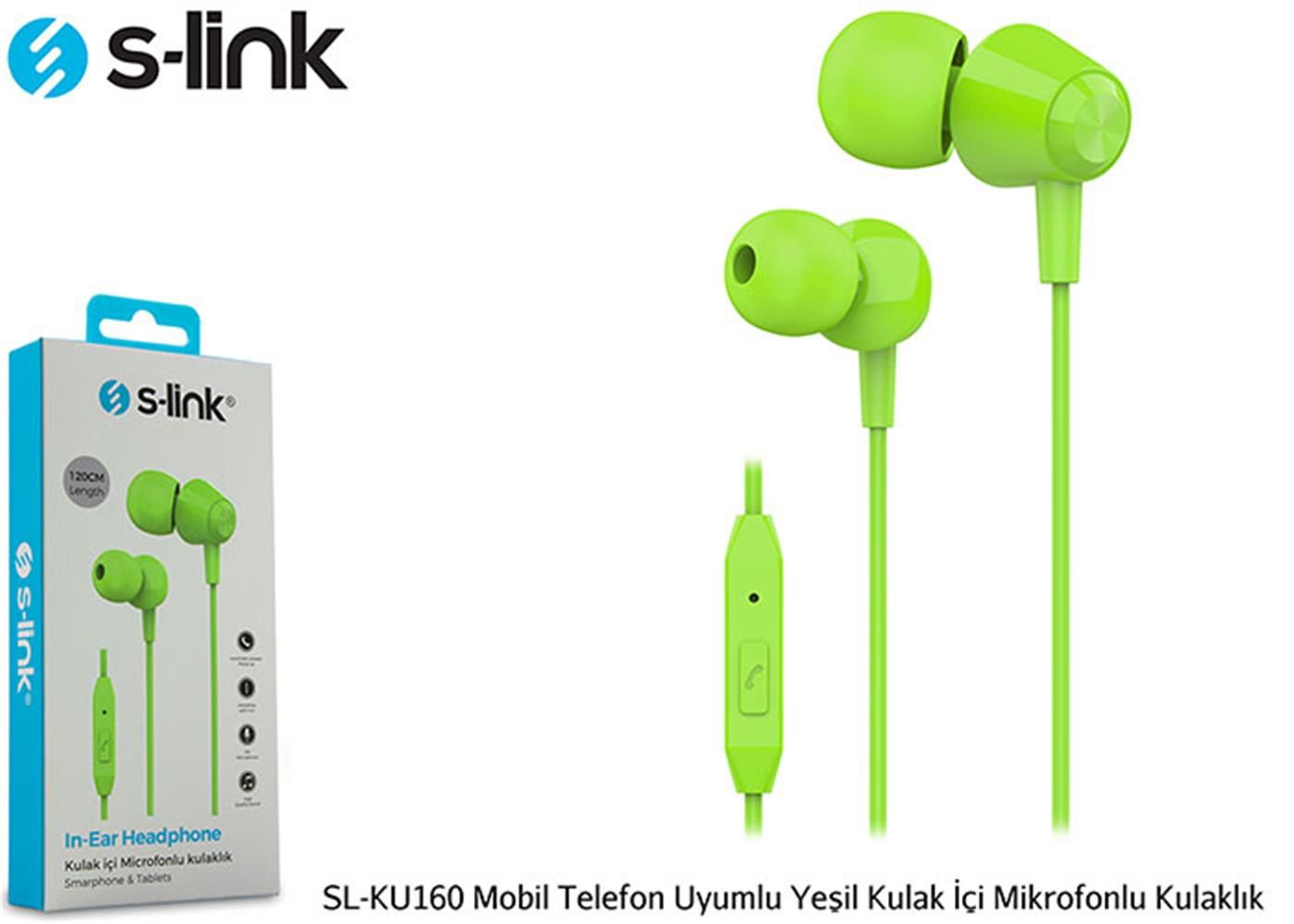 S-link SL-KU160 Yeşil Mobil Telefon Uyumlu Mikrofonlu Kulak İçi Kulaklık