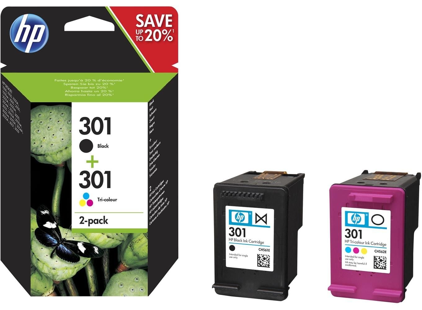 HP 301 (N9J72AE) Siyah ve Üç Renkli (Black & Tri-color) Avantajlı İkili Paket Orijinal Mürekkep Kartuşları