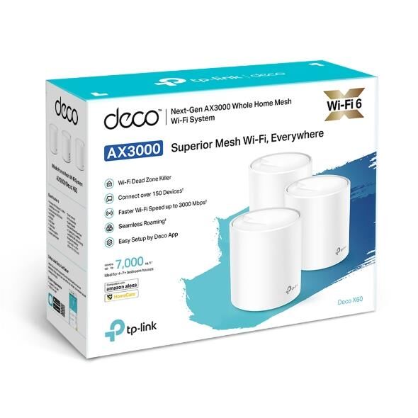 TP‑LINK Deco X60 AX3000 3’lü Mesh Wi‑Fi 6 Sistemi – 2.400 Mbps (5 GHz) + 574 Mbps (2.4 GHz), Çift Gigabit Ethernet, OFDMA, MU‑MIMO, WPA3, HomeShield Güvenlik