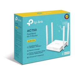 TP‑LINK Archer C24 AC750 Dual Band Kablosuz Router – 433 Mbps (5 GHz) + 300 Mbps (2.4 GHz), 4 Antenli, 1×WAN + 4×LAN Port, Router/Access Point/Range Extender Modu, QoS, Ebeveyn Kontrolü, Misafir Ağı, IPv6 – Kompakt Beyaz Tasarım