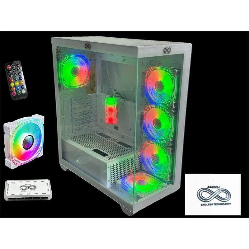 Aztech AZT201 Beyaz Akvaryum Gaming Kasa 5x RGB Fan Uzaktan Kumanda Temperli Cam